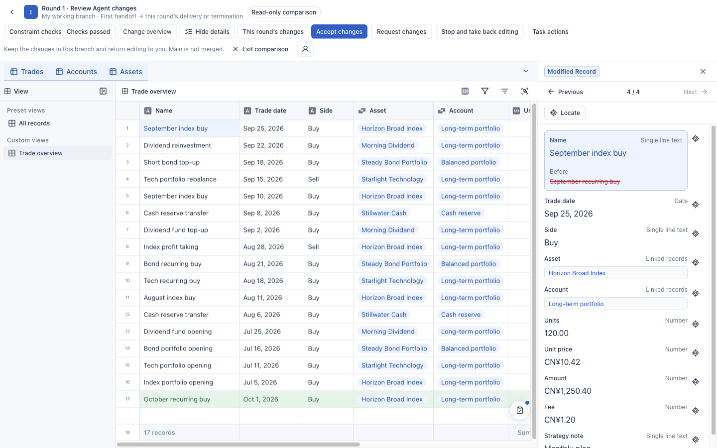 GroundTable agent delivery diff showing an updated September trade name, an added October trade, and its account and asset links