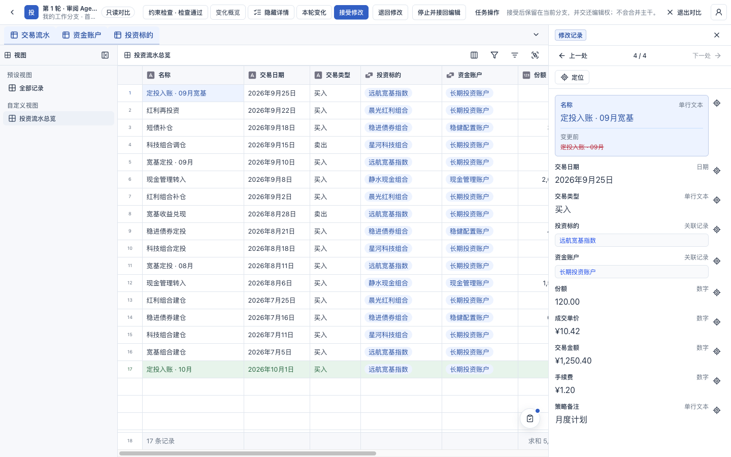 GroundTable Agent 交付变更对比，展示一条已有交易名称的修改、新增的 10 月交易及其关联